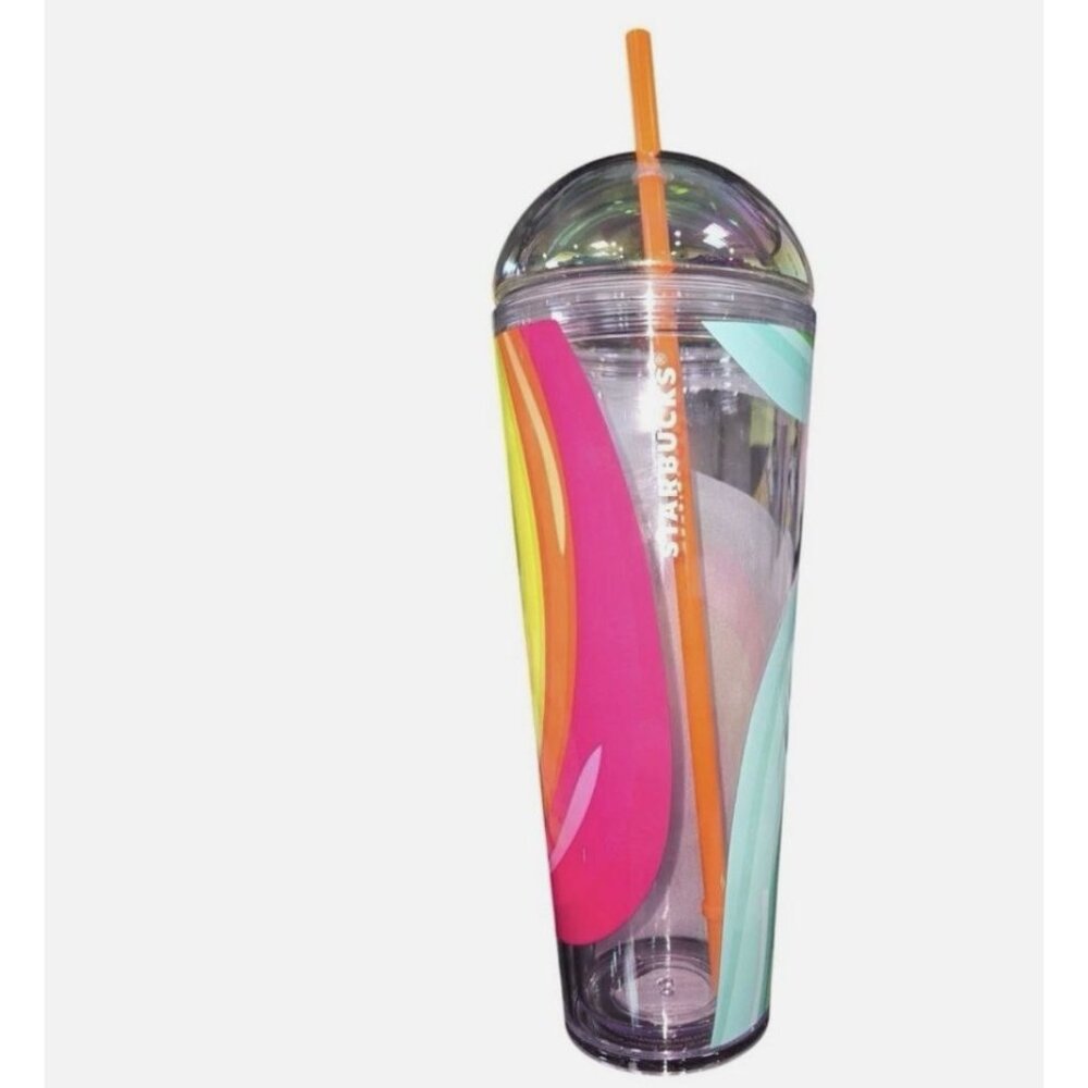 Starbucks Rainbow Swirl Cold Cup Tumbler With Dome Lid & Orange Straw 24 Oz